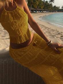 Women's Chiffon Multi-Layer Ruffled Lace Trim Camisole Backless Set, Romantic Elegant 2-Piece Set. Summer Yellow - Yellow - View 2