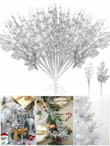 6pcs/1pc Silver Christmas Tree Decoration Set, Artificial Glitter Berry Sprigs, Suitable For Christmas Tree Decoration, Gifts, Small Vases, Home Holiday, Wedding Party Decor; Christmas Decoration, Artificial Glitter Christmas Tree Decoration Sprigs, Includes 5 Artificial Glitter Berry Sprigs And 1 Glitter Berry Flower Ornament, For Christmas Tree, Gifts, New Year's Eve Decor - Silver - Silver - View 1