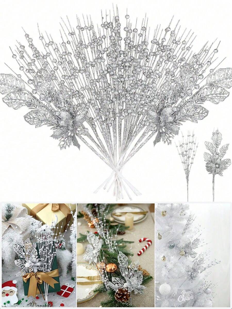 6pcs/1pc Silver Christmas Tree Decoration Set, Artificial Glitter Berry Sprigs, Suitable For Christmas Tree Decoration, Gifts, Small Vases, Home Holiday, Wedding Party Decor; Christmas Decoration, Artificial Glitter Christmas Tree Decoration Sprigs, Includes 5 Artificial Glitter Berry Sprigs And 1 Glitter Berry Flower Ornament, For Christmas Tree, Gifts, New Year's Eve Decor - Silver - Silver - View 1