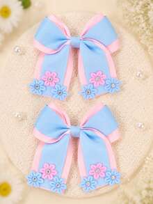 2pcs Back To School Blue & Pink Satin Bow Hair Clips, Crocodile Clips For Girls, Summer Casual Daily Hair Accessories - Multicolor - View 2