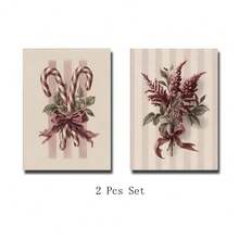 Set Of 2 Vintage Candy Cane Holly Canvas Wall Art | Burgundy Botanical Christmas Print For Farmhouse Living Room Frameless - A - View 9