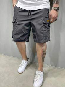 夏季輕便男士街頭風寬鬆工裝短褲 抽繩鬆緊腰純色休閒運動短褲 - 深灰色 - 查看 3