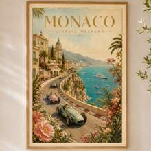 1pc Vintage Monaco Poster, Retro Mediterranean Riviera Racing Car Landscape Wall Art Print, Unframed Matte Paper Poster For Bedroom Living Room Decor - 1PC - View 1