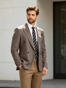 1 pieza Blazer de negocios de corte slim con rayas diplomáticas gris-marrón y doble botonadura para hombres, adecuado para oficina y ocasiones de boda - Café integral - Ver 1