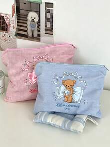 Bolsa de Maquiagem Portátil, Estampa de Laço de Urso, Bolsa de Maquiagem de Tecido Waffle, Bolsa de Armazenamento de Maquiagem de Viagem com Estampa Fofa, Bolsa de Armazenamento de Lona Xadrez Simples, Bolsa de Armazenamento de Cosméticos, Bolsa de Armazenamento de Tecido Multifuncional, Estojo de Lápis de Papelaria Feminino, Adequado para Deslocamento, Viagem, Presente e Uso Diário, Presente Único para o Dia do Professor, Presente de Volta às Aulas, Presente de Aniversário, Presente para Professor, Presente de Festa - Multicolorido - Visão 5
