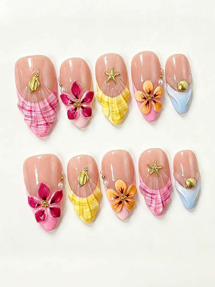 10pcs Shell French Style Nail Stickers, Medium Almond Shape, 3D Flower Water Ripple Rhinestone Design, Y2K Fresh Fashion Style, Glossy Full Coverage Artificial Nails, For Girls Daily Wear - 彩色 - 查看 1
