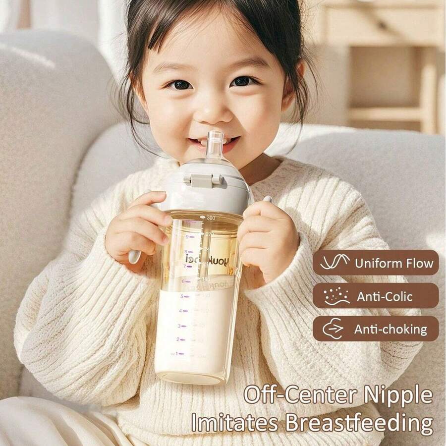 1pc PPSU Feeding Bottle With Automatic Flip Lid, Ergonomic Dual Handles, Straw And Nipple, Suitable For 7 Months+, With Test Certificate - 240ml/300ml