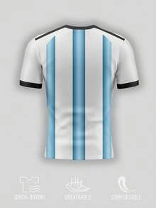 1pc Customized Argentina Theme Football T-Shirt: White & Blue Color Scheme, Customization Service - Add Your Name, Favorite Number And Unique Design Elements. Perfect Gift. - Blue and White - View 3