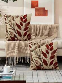 4pcs/2pcs Autumn Leaf Decorative Pillow Covers, Romantic Autumn Design, Deep Red Background With Dried Rose, Dark Brown And Ivory Print, | 18 X 18 Inches | Zipper Closure | Soft And Comfortable Fabric, Fade-Resistant, Machine Washable, Suitable For Outdoor Decor, Home Decor, Patio Decor, Room Decor, Party Decor, Bedroom Decor. Pillow Inserts Not Included. - Multicolor - View 4