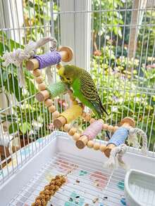 1pc Macaron Style Rope Woven Wave Parrot Ladder Perch, Colorful Bird Swing, Pet Climbing Ladder, Multi-Layer Interactive Bird Cage Accessory, Durable And Sturdy, Suitable For All Seasons, Fit For Cockatiels, Lovebirds, Squirrels And Other Small Animals - Cotton Rope Ladder 5-step - 1pc - View 4