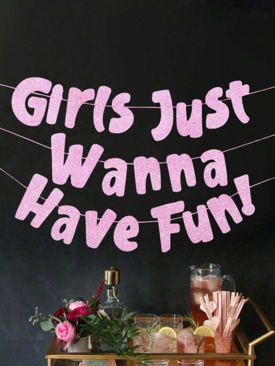 A "Just Wanna Have Fun" Neon Pink Glitter Banner, Bridal Party Hanging Banner Bachelorette Party Backdrop Decor Bridal Shower Favors, Birthday Party Supplies Sleepover Party Decorations Paper Hanging Decorations Festival Party Supplies Photo Props - Multicolor - View 1