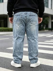 Multifunctional Elastic Plus Size Vintage Washed Light Blue Spray Paint Distressed Jeans, Soft Stretch Straight Leg Denim Pants, All-Season Streetwear - Light Wash - View 2
