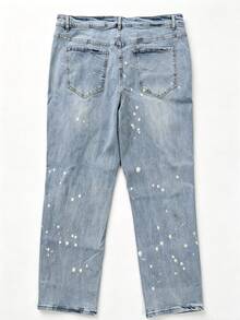 Multifunctional Elastic Plus Size Vintage Washed Light Blue Spray Paint Distressed Jeans, Soft Stretch Straight Leg Denim Pants, All-Season Streetwear - Light Wash - View 5