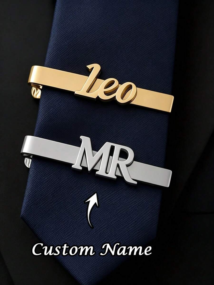 1pc Customized Stainless Steel Letter Tie Clip, Elegant Wedding Accessory, Personalized Stainless Steel Tie Clip For Men, Fashionable Suit Accessory, Suitable For Groomsmen And Wedding Gifts - Multicolor - View 1