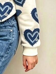 Tween Girl Heart Print Crew Neck Sweatshirt And Flare Pants Casual Set - White - View 6