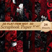 2D FLAT Baroque Relief Red & Black Rose Decorative Paper 24 Sheets 6*6 Inch Vintage Dark Pattern Scroll Black & White Rose Distressed Scrapbook Background Paper Gothic Dark Atmosphere Material Niche Vintage Scrapbook, Dark Valentine's Day Card, Decorative Painting, Anniversary Gift Wrapping DIY Material - Square - View 3