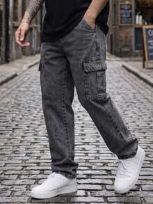 Calça cargo Oversized masculina com e leve comprida solta casual cordão cintura streetwear skate unissex conforto Longa confortável - Jeans Estonado - Visão 3