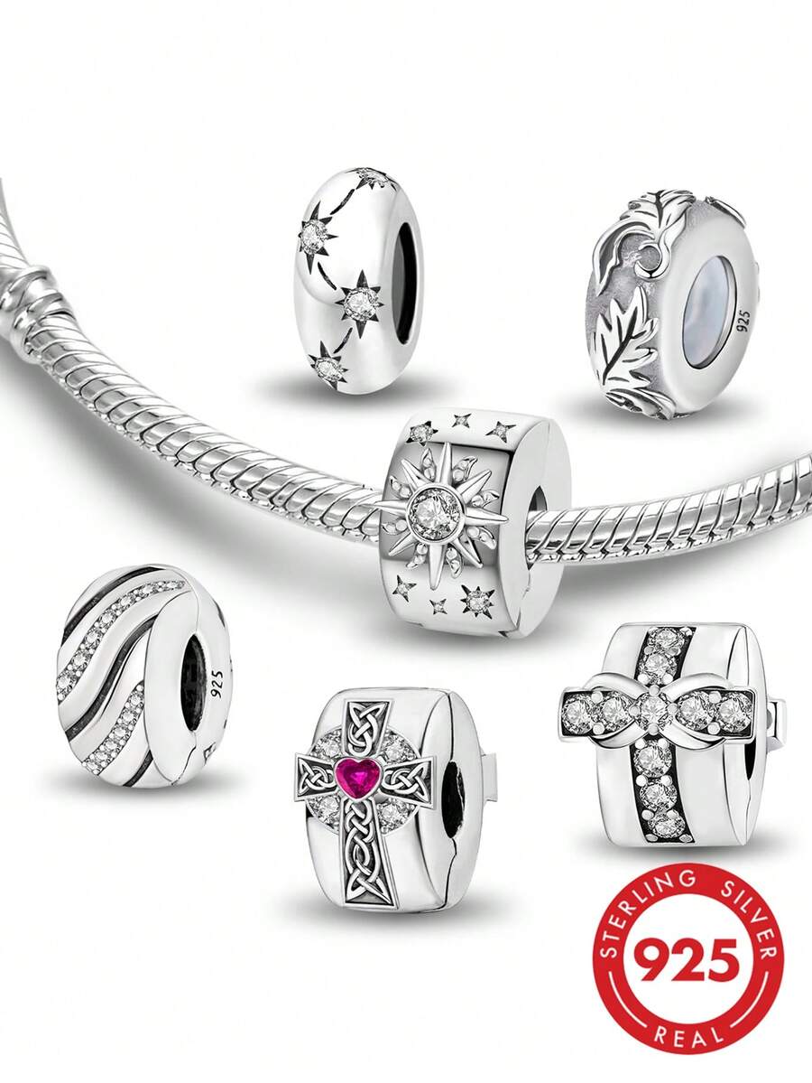 1 925 Sterling Silver Octagonal Star Safety Buckle Bead, Suitable For DIY Jewelry Making Of Women's Bracelets And Bracelets, Daily Outfit Matching - Set 4 - View 1