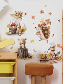 1pc/2pcs/3pcs, Children's Room Cartoon Decorative Wall Stickers, Autumn Maple Tree With Small Animals, Flowers, Owl, Bear, Fox, Hedgehog, Girl Riding Bike Under Blue Tree, Green Cartoon Big Tree, PVC Self-Adhesive Removable Wall Stickers, Suitable For Bedroom, Living Room, Study, Dining Room, Bathroom, Home Wall Decor, Room Decoration - Multicolor - View 5