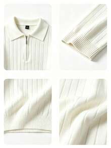 Boys Quarter Zip Ribbed Knit Polo Shirt, Long Sleeve Collared Sweater, Casual Solid Color Fall Winter Kids Tops - White - View 5