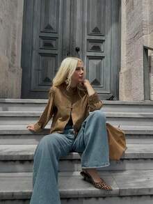 FGGG 女款新中式青蛙鈕扣長袖春夏秋節慶街頭時尚百搭金色復古緞面襯衫 - 金色 - 查看 3