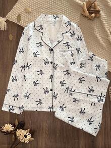 Women's Small Butterfly Polka Dot Print Front Button Pajama Set, Contrast Trim Lapel Long Sleeve Long Pants Loungewear 2 Pieces Set - Multicolor - View 1