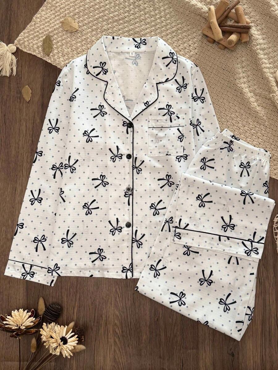 Women's Small Butterfly Polka Dot Print Front Button Pajama Set, Contrast Trim Lapel Long Sleeve Long Pants Loungewear 2 Pieces Set - Multicolor - View 1