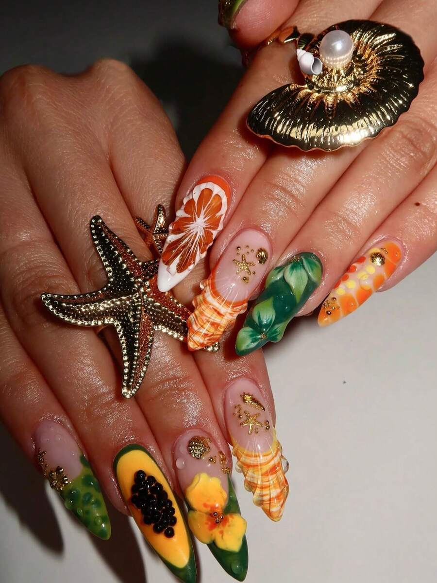 3D Drip Glue Papaya Grapefruit Petal Starfish Leopard Print Yellow Striped Green Edge French Tropical Vacation Style 24pcs Medium Almond Shaped Press-On Nails Fake Nail Tips Acrylic Molded Nails Y2K Nails - Multicolor - View 1