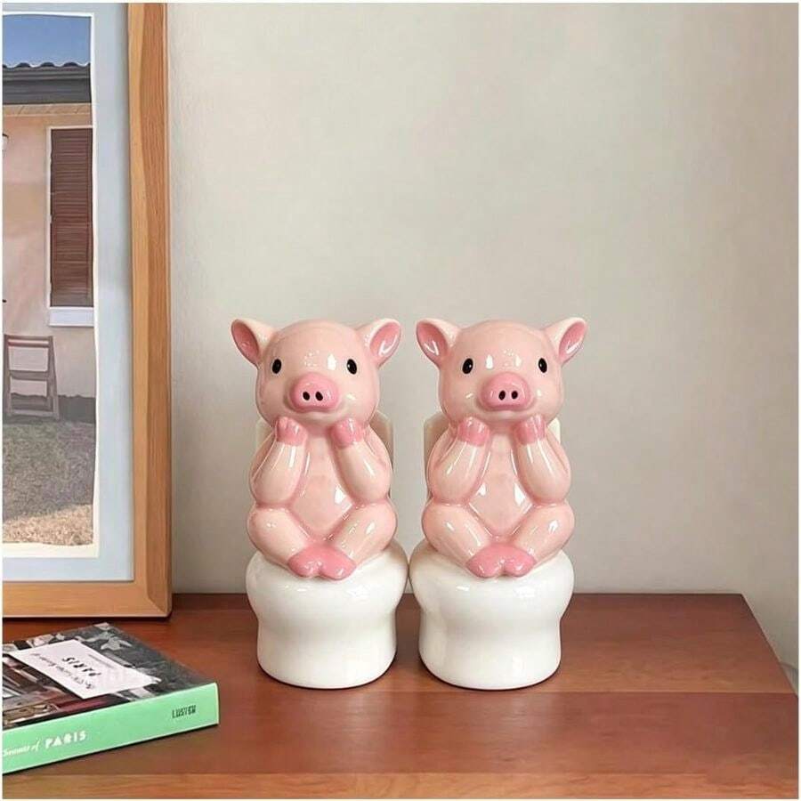 Ceramic Pink Pig Toilet Bolt Cover, Bathroom Floor Screw Cap, 2-Piece Set - C - View 1