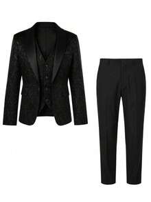 Men's 3 PiecesGentleman Jacquard Formal Vest Suit Set, Suitable For Daily Wear, Parties, Banquets, Weddings, Casual Commuting - Black - View 2