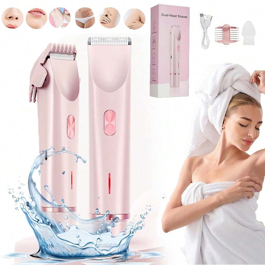 Women's Dual-Head Electric Shaver, Waterproof Dry/Wet Body Hair Trimmer With Guide Comb, Painless Grooming For Underarms, Legs And Bikini Line, Portable Rose Gold Sensitive Skin Razor, Travel Essential Beauty Item