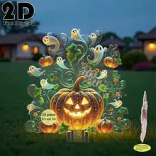 2D Flat Waterproof Weather-Resistant Acrylic Outdoor Ground Stake, Ghost Pumpkin Combination Print Durable Material, Halloween Party Lawn Decoration, Create Eerie Atmosphere Yard Display - Plant Pumpkin - View 3