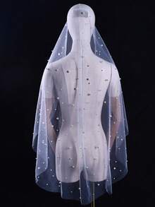 1pc Single Layer Starry Pearl Short Bridal Veil, High Quality Skin-Friendly Soft Mesh Wedding Veil - Multicolor - View 20