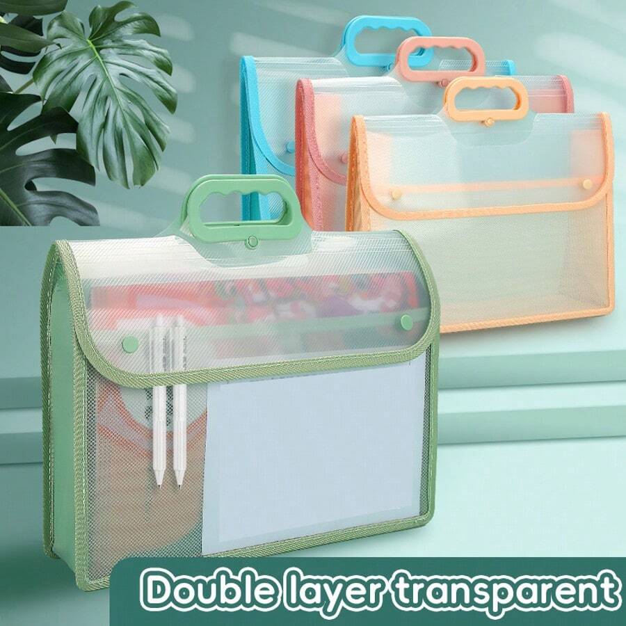 HUAJIE Portable Plastic Handle PP Twill 3D Space Document Organizer, Transparent Snap Button Stationery Folder, Exam Paper Storage Bag For School & Office - Single Piece - View 1