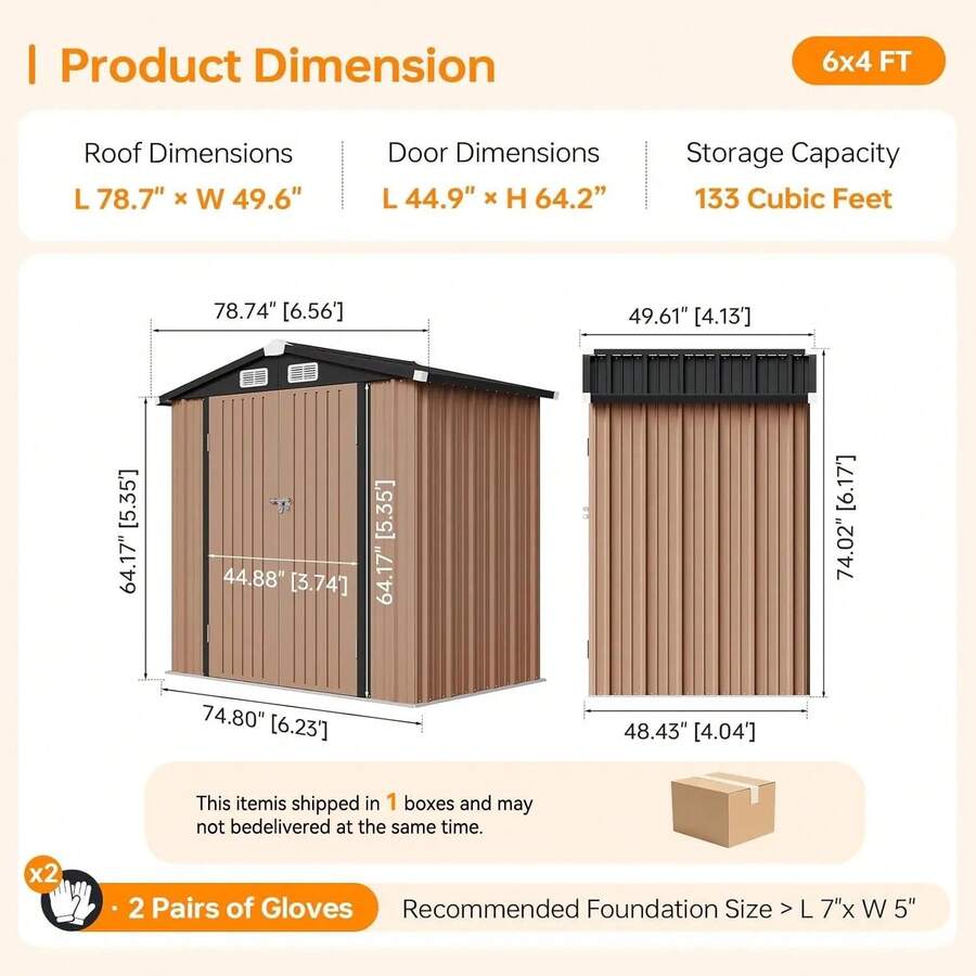 Aoxun Heavy Duty Galvanized Metal Outdoor Storage Shed - Multi-Size, Multi-Material, Included Base, Lockable Door, Sloped Roof, Water Resistant - Fishing, Grilling, Poolside, Garden Storage Organization Solution - 6x4FT - Brown(1 Packages) - View 1