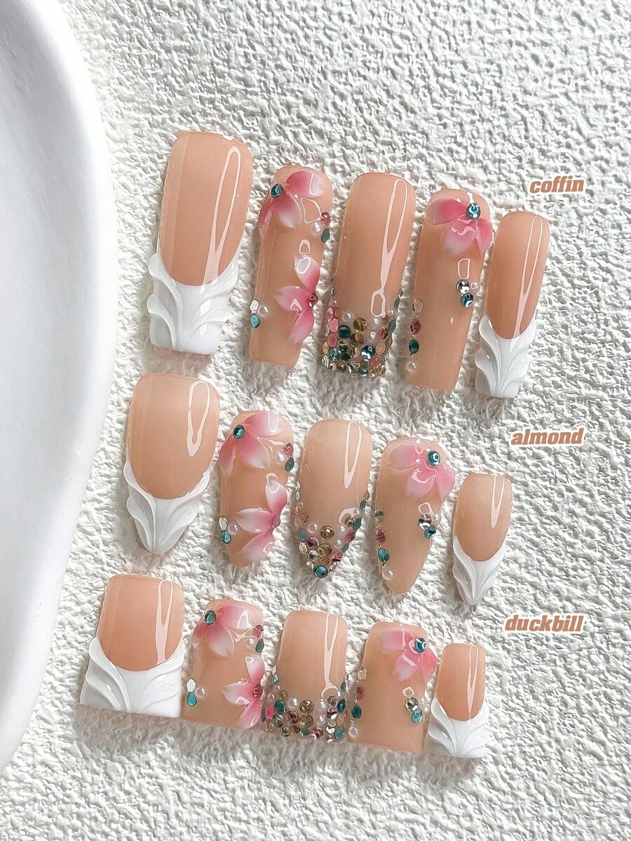 10Pcs Sweet Style Handmade Press On Nail,Polygel Nail Set,Features Hand Painted Floral And Rhinestone Elements,White And Pink Nail Polish,Elegant Style,Includes Nail Tools,3 Sizes Available,Almond,Duck,Coffin Nails For Party,Dance,Daily Wear. - 彩色 - 查看 1