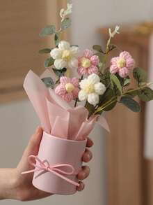 1pc Handmade Crochet Artificial Flower Bouquet, Includes Fabric And Knitted Artificial Flowers, With Paper Vase, 5 Crochet Flowers, Suitable For Mom, Friends, Teachers, Bedroom Home Decor, Halloween, Christmas, Anniversary, Birthday Gift - Multicolor - View 1