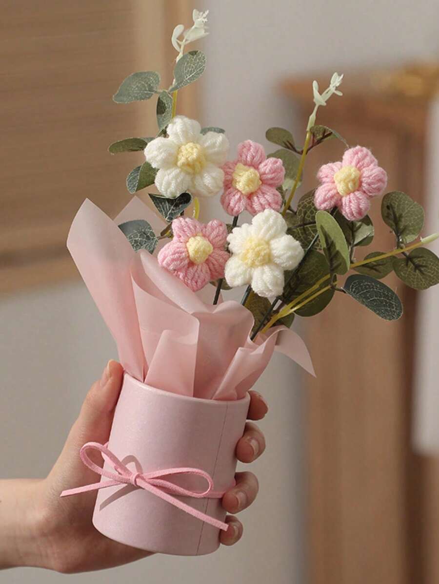 1pc Handmade Crochet Artificial Flower Bouquet, Includes Fabric And Knitted Artificial Flowers, With Paper Vase, 5 Crochet Flowers, Suitable For Mom, Friends, Teachers, Bedroom Home Decor, Halloween, Christmas, Anniversary, Birthday Gift - Multicolor - View 1