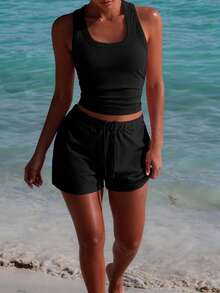 Vaiaye Women's 2-Piece Black Fitness Set, Sleeveless Tank Top And Drawstring Shorts, Sports Casual Beach Vacation Outfit Elegant Summer - Black - View 8