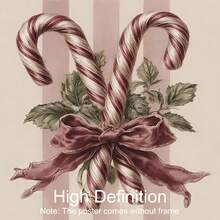 Set Of 2 Vintage Candy Cane Holly Canvas Wall Art | Burgundy Botanical Christmas Print For Farmhouse Living Room Frameless - A - View 5