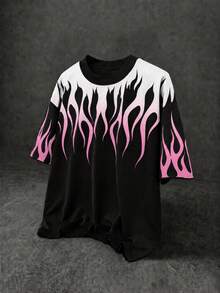 Fractyr Men's Gradient Pink Flame Print Color Block Crew Neck T-Shirt, Black White Contrast Oversized Y2K Streetwear Short Sleeve Tee - Black - View 3