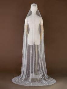 1pc Single Layer Starry Pearl Short Bridal Veil, High Quality Skin-Friendly Soft Mesh Wedding Veil - Multicolor - View 17