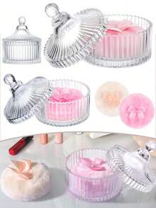 1pc Transparent Striped Glass Vanity Jar With Lid, Powder Puff Container, Cosmetic Storage Box, Elegant Bathroom Decor Box, Elegant Striped Decorative Container, Suitable For Loose Powder, Cosmetics And Small Accessories, Bathroom Vanity Storage Jar - Clear - View 1