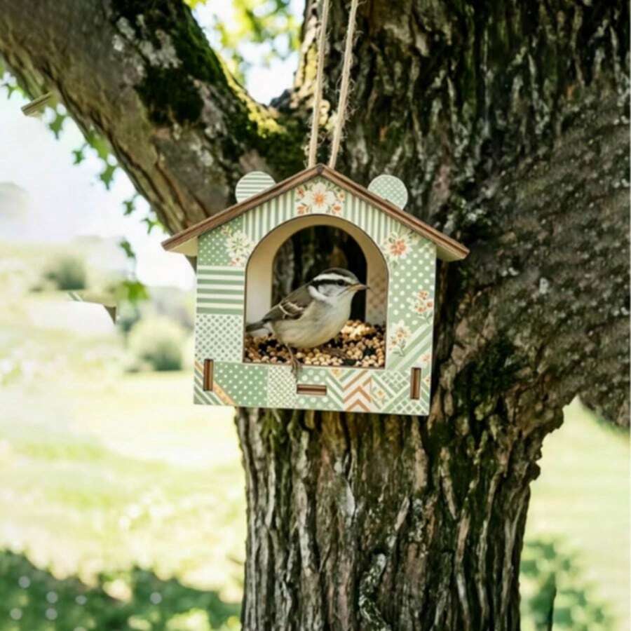 多款式木製懸掛式鳥屋套組,鄉村小屋風鳥巢附繩鉤,藍白條紋/星空鏤空/紅磚/粉色花卉/聖誕禮物圖案,戶外花園樹上門廊裝飾,適合鳥類愛好者園藝禮物 - B - 查看 1