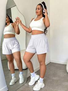 春夏女款大尺碼高腰彈性收腹寬鬆短褲，休閒時尚側開衩口袋戶外運動百慕達短褲 - 白色 - 查看 5