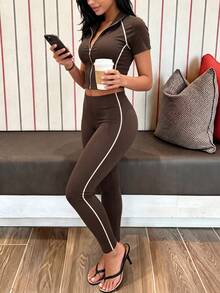 Spring/Autumn Women's New Round Neck Short Sleeve T-Shirt And Casual Daily Elastic Waist Loose Long Pants 2 Pieces Set, Lightweight Outfit Suitable For Daily Commute And Other Occasions - Dark Brown - View 9
