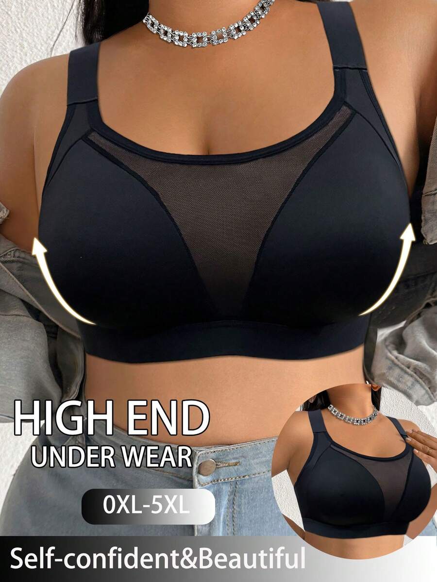 Plus Size Solid Color Wireless Comfortable Soft Cup Sports Bra For Women - Black - View 1