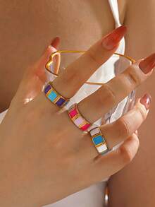 1pc Stainless Steel 18K Gold Plated Colorful Oil Drop Geometric Open Ring, Suitable For Women's Daily Wear And Shopping - Multicolor - View 1