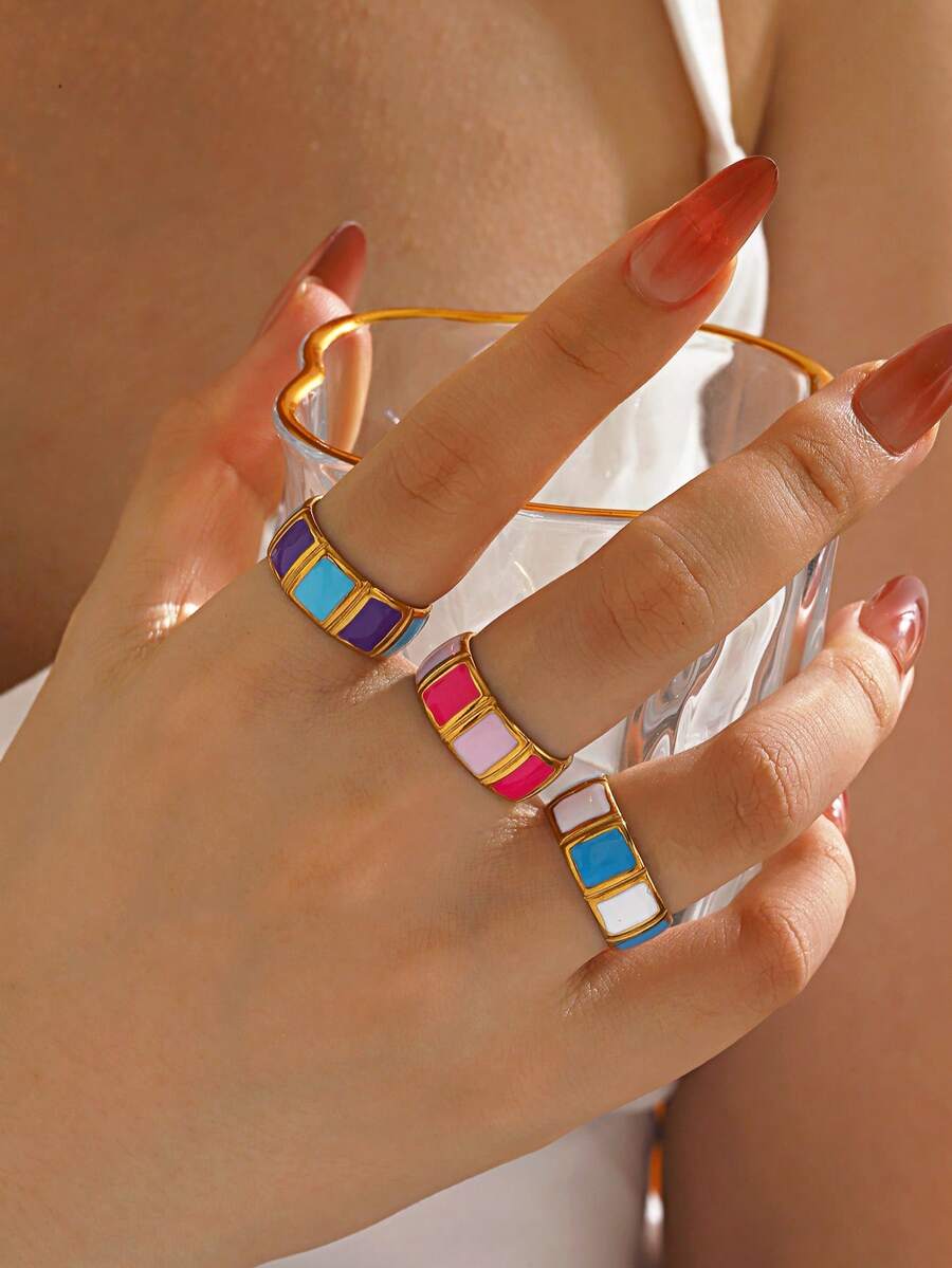 1pc Stainless Steel 18K Gold Plated Colorful Oil Drop Geometric Open Ring, Suitable For Women's Daily Wear And Shopping - Multicolor - View 1