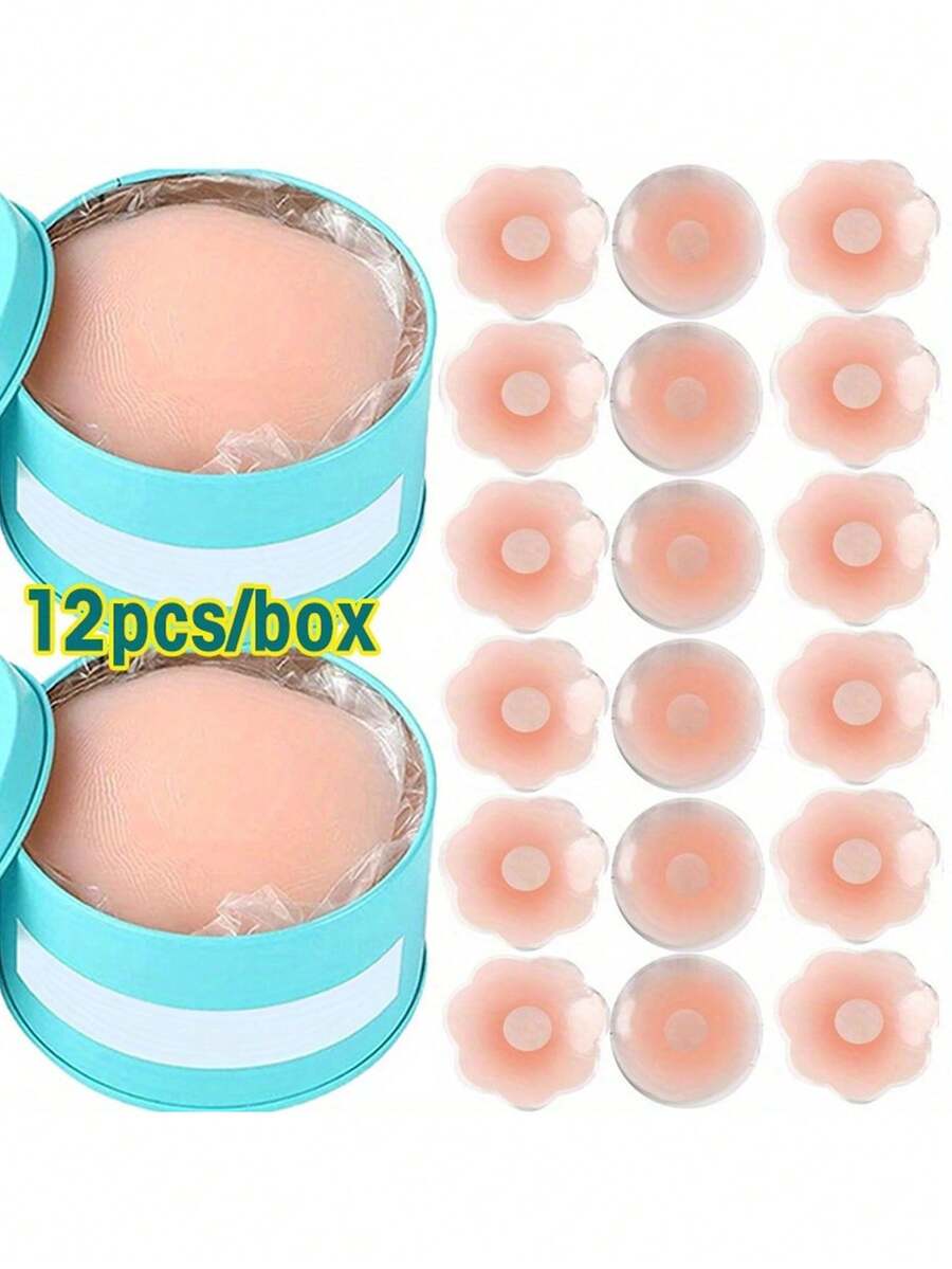 12pcs Reusable Nipple Covers, Strapless Invisible Self-Adhesive, Women's Lingerie And Underwear Accessories - Apricot - View 1
